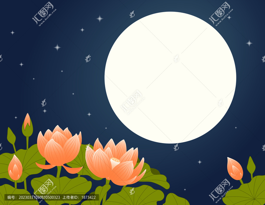 月亮照耀盛开的莲花平面插图