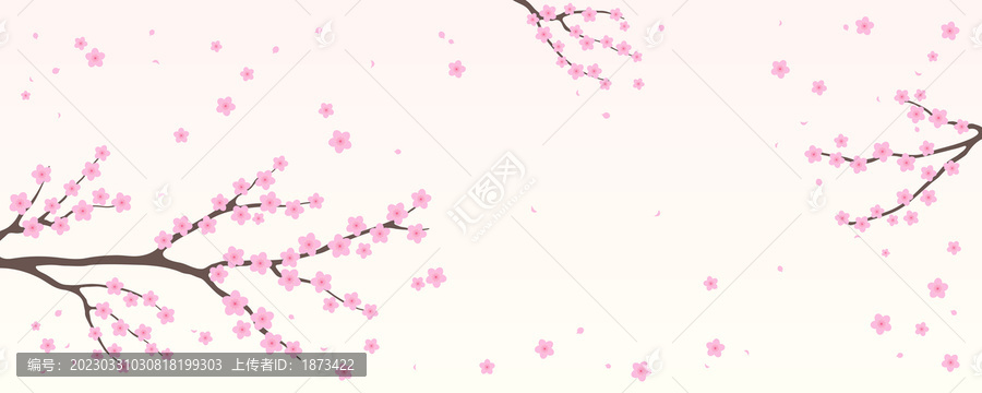 树枝上的淡粉色梅花飘落,平面插图横幅