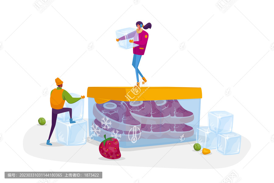 人物搬运巨大冰块站在冷冻保鲜盒上插图