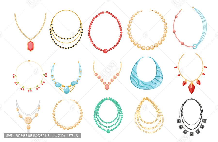 各式珠宝与珠子设计项链,平面插图素材