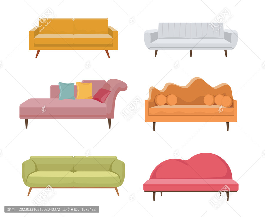 现代风格双人沙发素材集合,平面插图