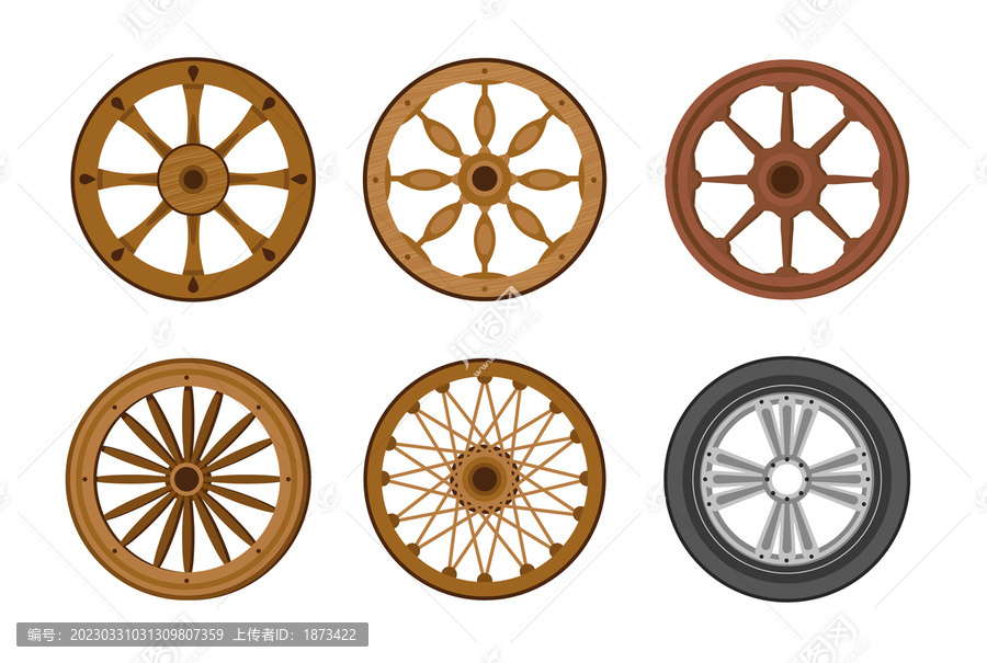 木轮与金属橡胶车轮素材,平面插图集合