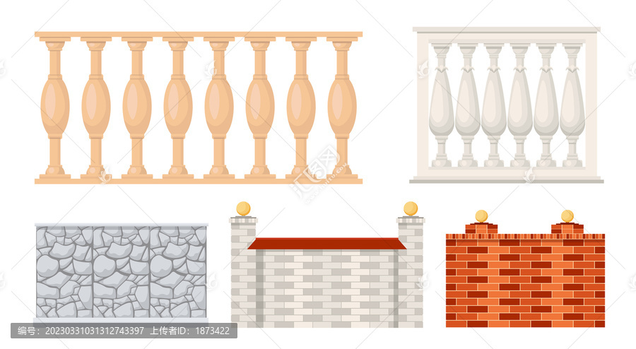 石头护栏与砖头围墙素材,平面插图