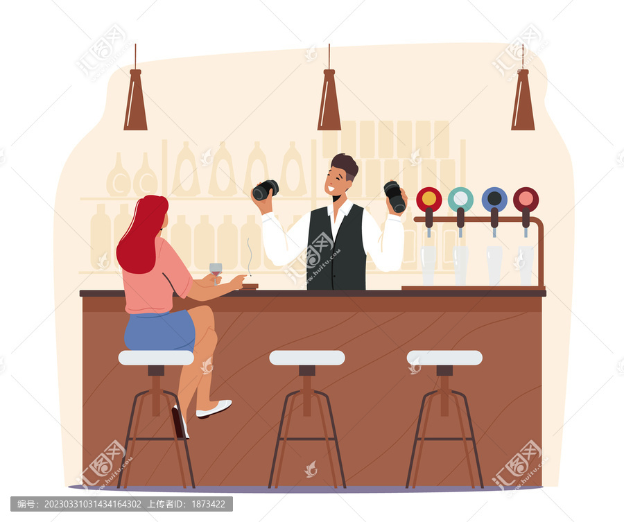 酒吧里,调酒师与客人聊天平面插图