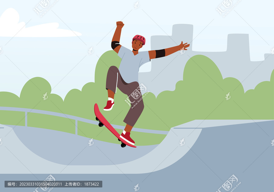 青少年在公園用滑板跳躍插圖