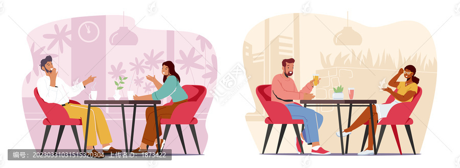 餐厅里开心聊天情侣,剪影背景插图集合