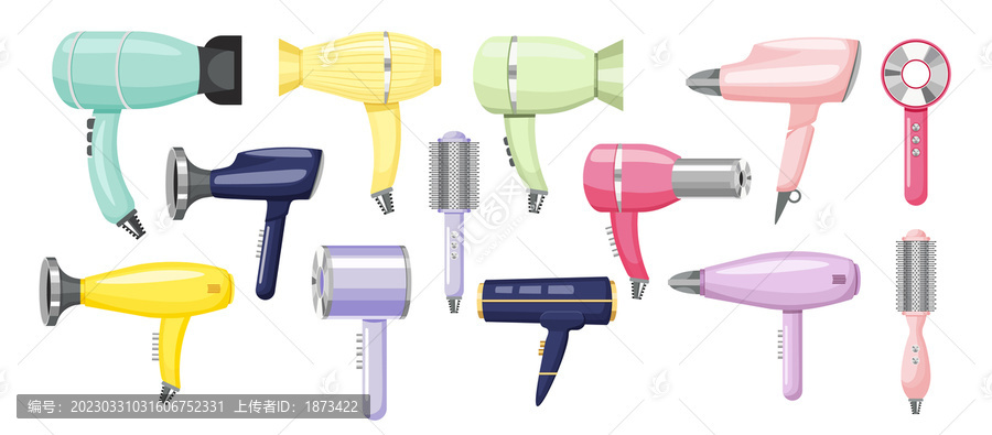 各式電吹風(fēng)與吹風(fēng)梳,平面插圖素材