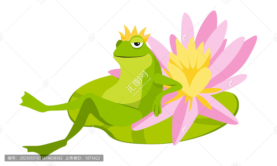 卡通青蛙王子靠著睡蓮,平面插圖素材