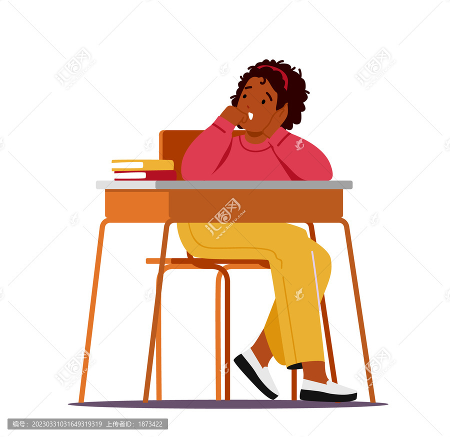 女孩坐在课桌前打哈欠平面插图
