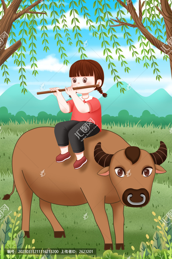 清明節(jié)牛背上吹笛子的牧童插畫(huà)