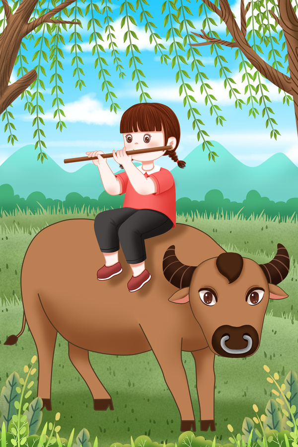 清明節(jié)牛背上吹笛子的牧童插畫(huà)