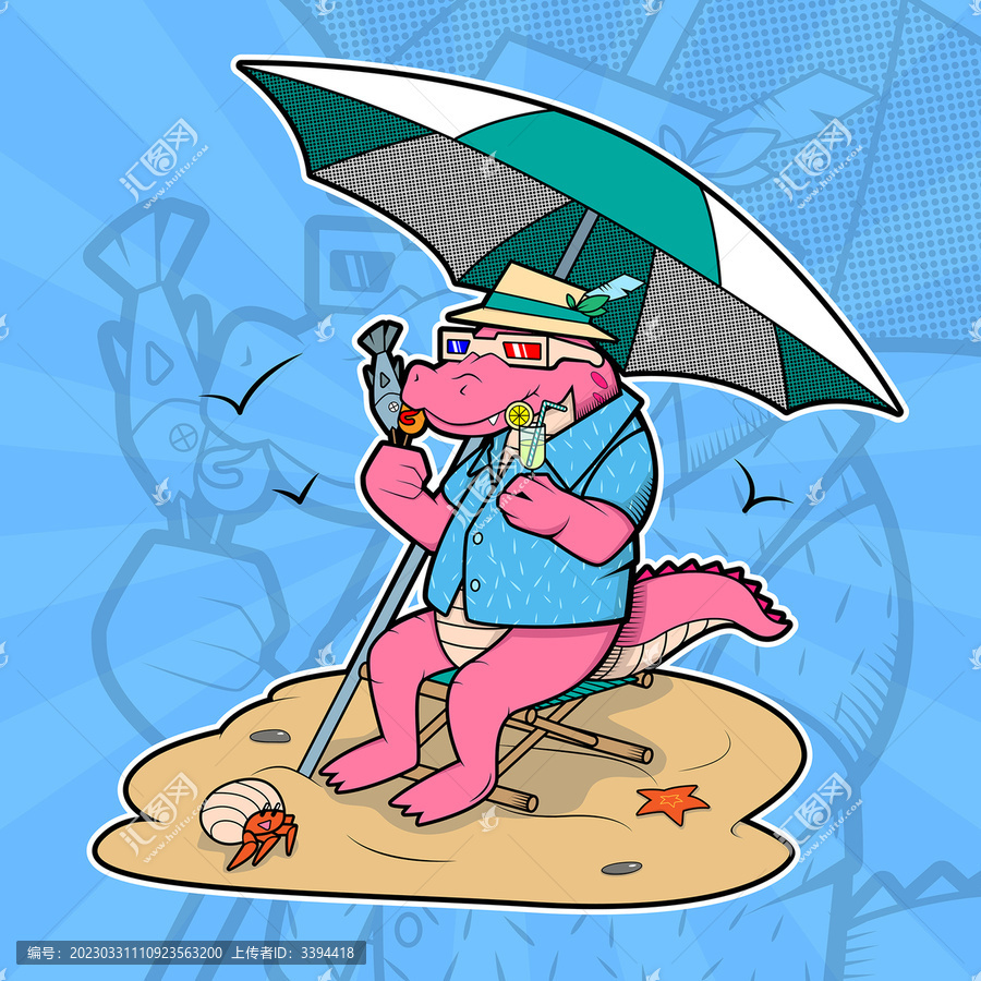 粉色鱷魚沙灘度假矢量插畫