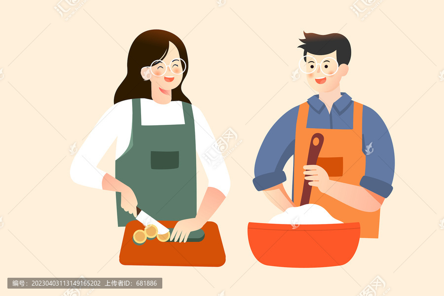 情侣厨房一起做饭烹饪美食插画