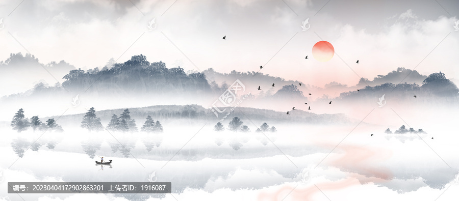 中國(guó)風(fēng)手繪藍(lán)色意境山水畫