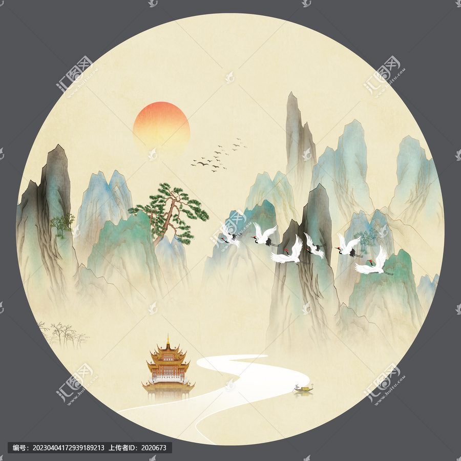 圓形復(fù)古山水畫