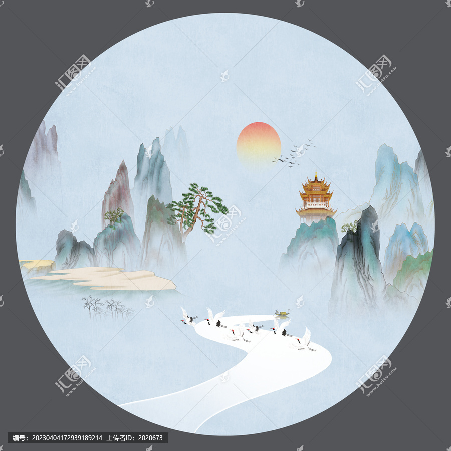 圓形復(fù)古山水畫