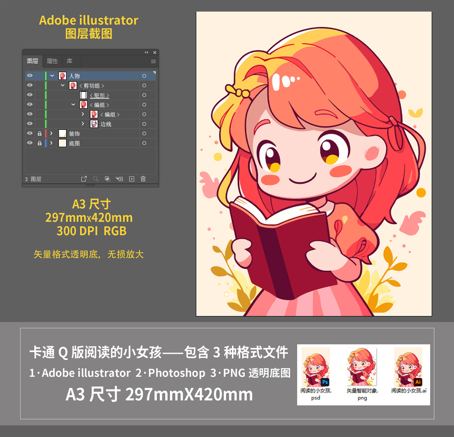 卡通女孩讀書閱讀Q版