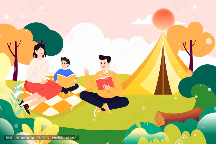 夏季休閑露營帳篷朋友戶外插畫