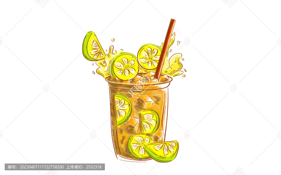 手打檸檬茶果汁手繪插畫
