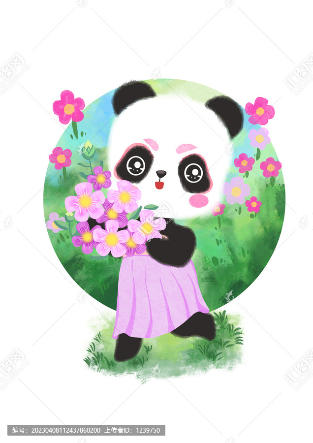 春天捧鮮花的熊貓