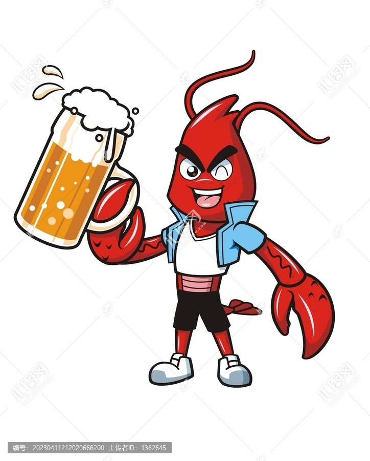 卡通可愛小龍蝦喝啤酒