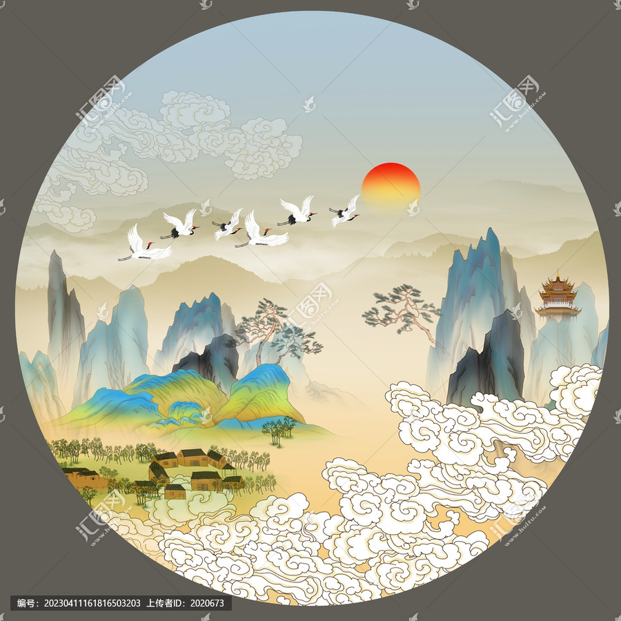祥云國潮仙鶴山水