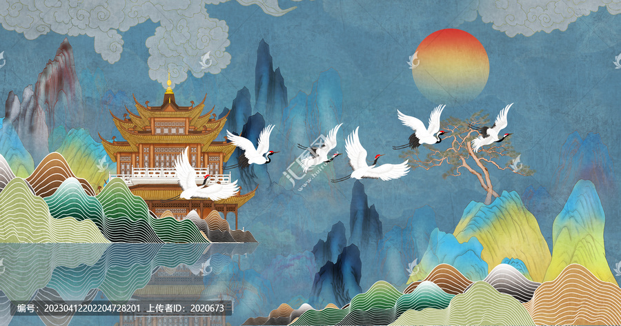 閣樓國潮山水仙鶴