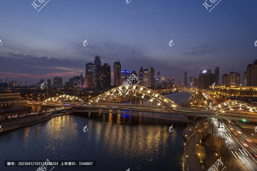 天津海河直沽桥城市夜景航拍