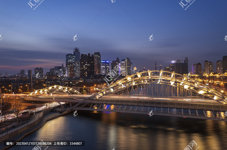 天津海河直沽桥城市夜景航拍