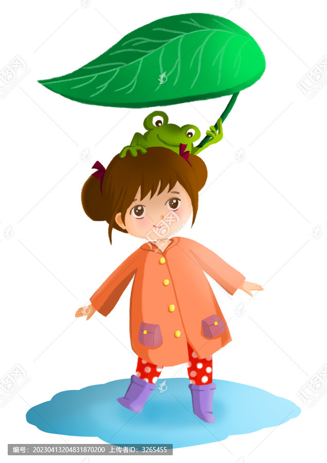 下雨天青蛙為小女孩撐傘撐葉子
