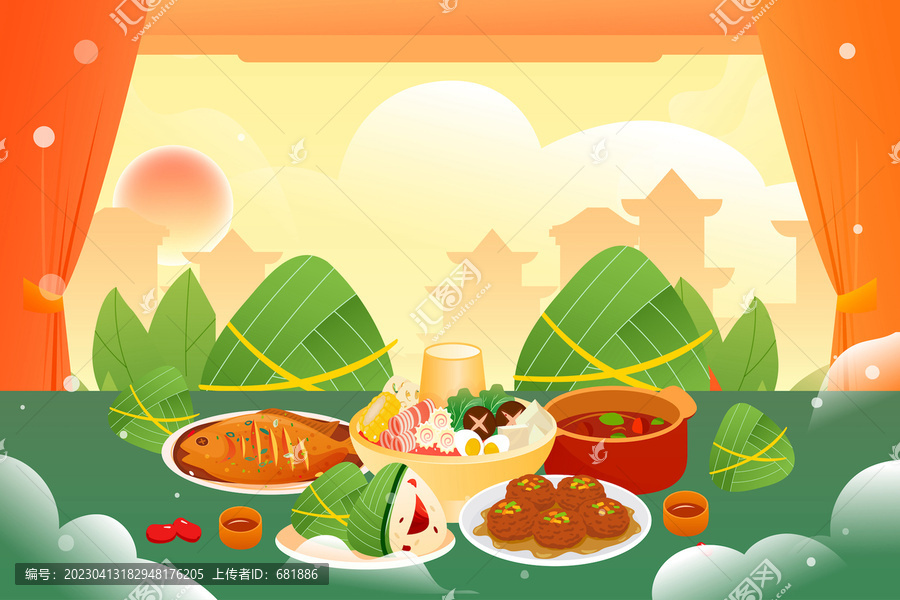 端午節(jié)合家團(tuán)聚吃粽子聚餐插畫