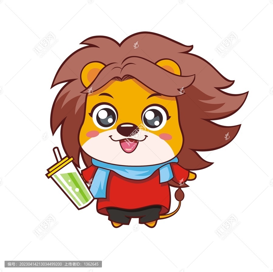 卡通可愛小獅子喝奶茶