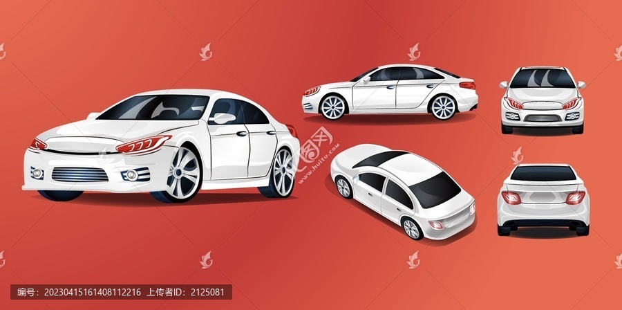 白色豪華轎車多視角矢量圖