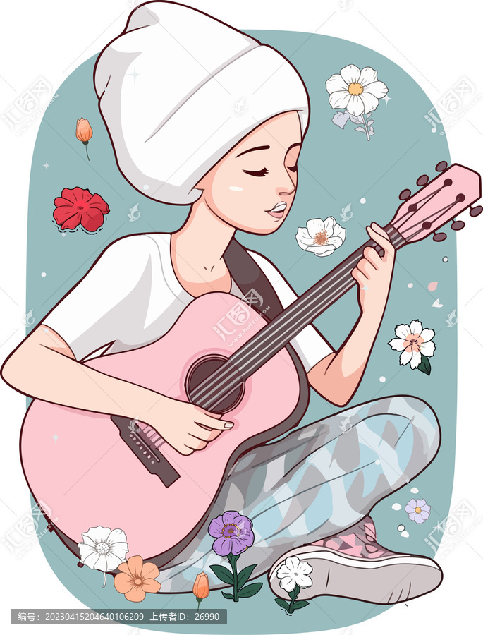 卡通装饰插画弹吉他的女孩C