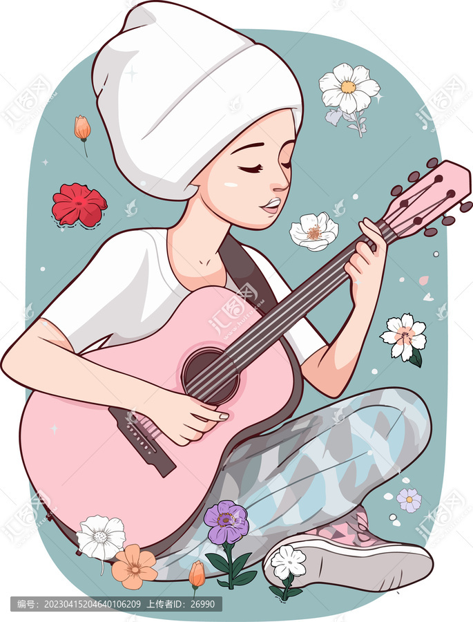 卡通裝飾插畫彈吉他的女孩C