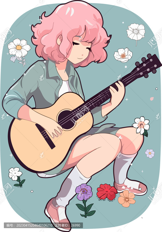 卡通装饰插画弹吉他的女孩D