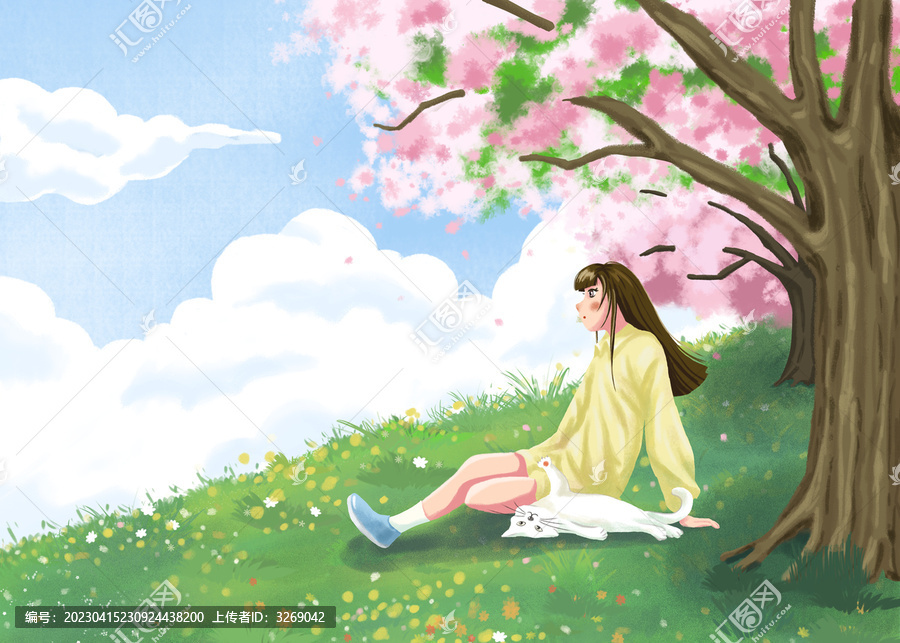坐在山坡上的女孩清新插畫(huà)海