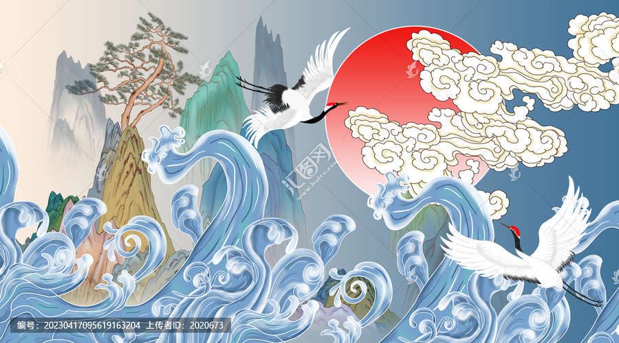 海浪仙鶴國潮山水