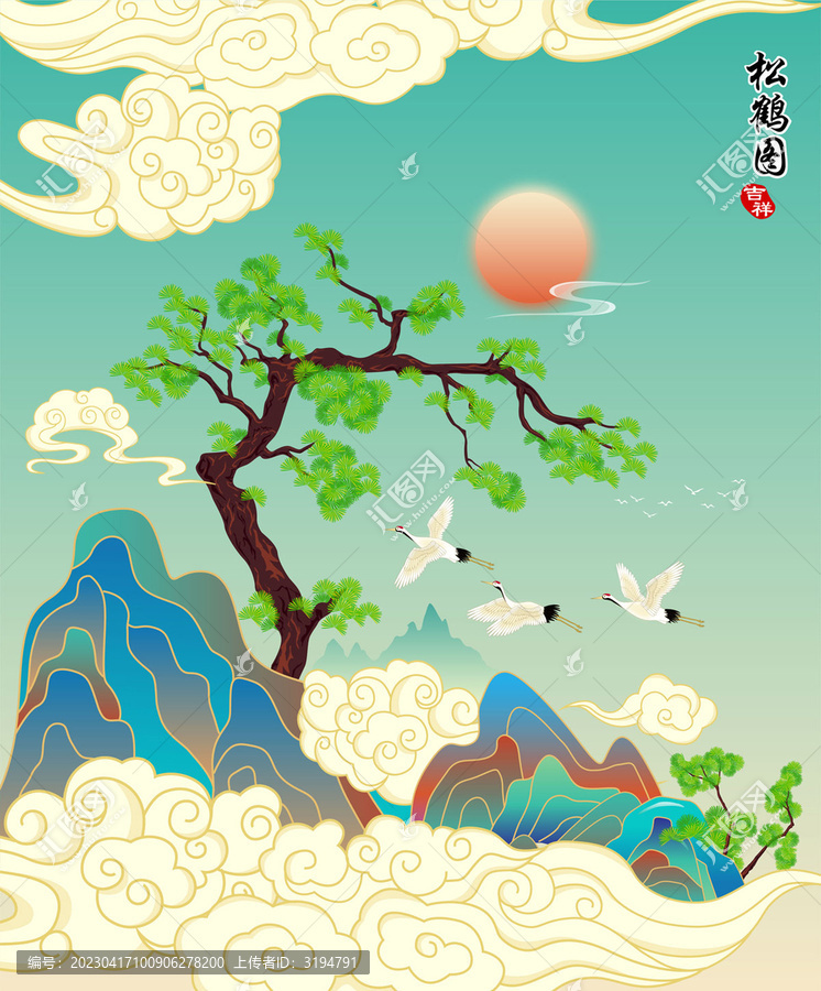 松鶴國潮山水矢量插畫