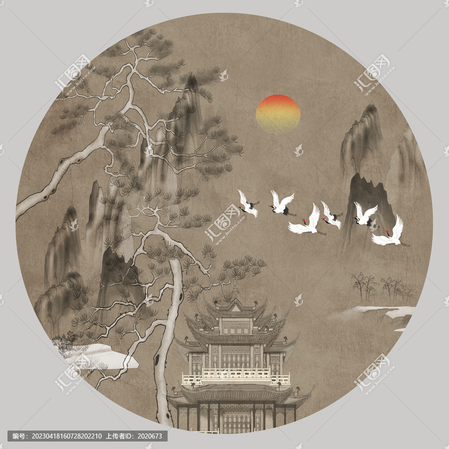 仿古迎客松山水畫