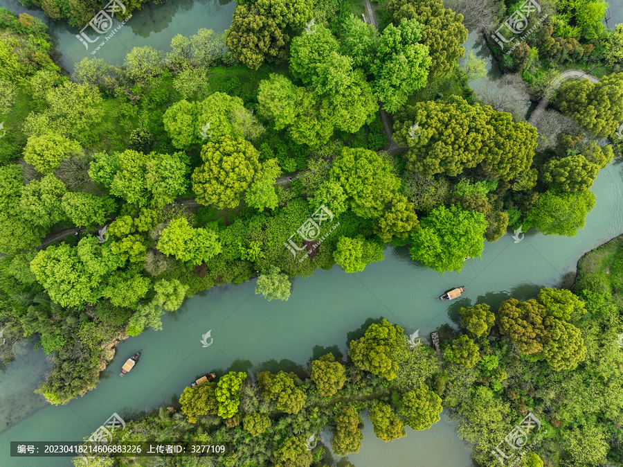 杭州西溪湿地公园摇撸船航拍