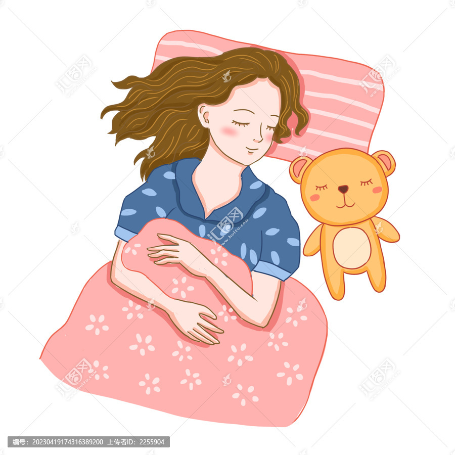 手繪卡通女孩睡覺溫馨美好元素