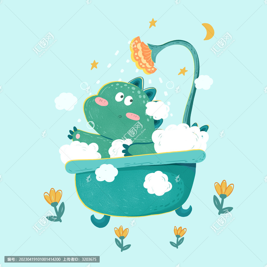 可愛卡通恐龍洗澡插畫圖案
