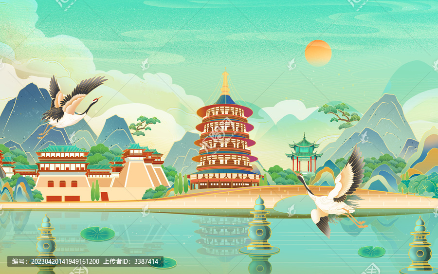 國(guó)潮山水寶塔西湖建筑插畫