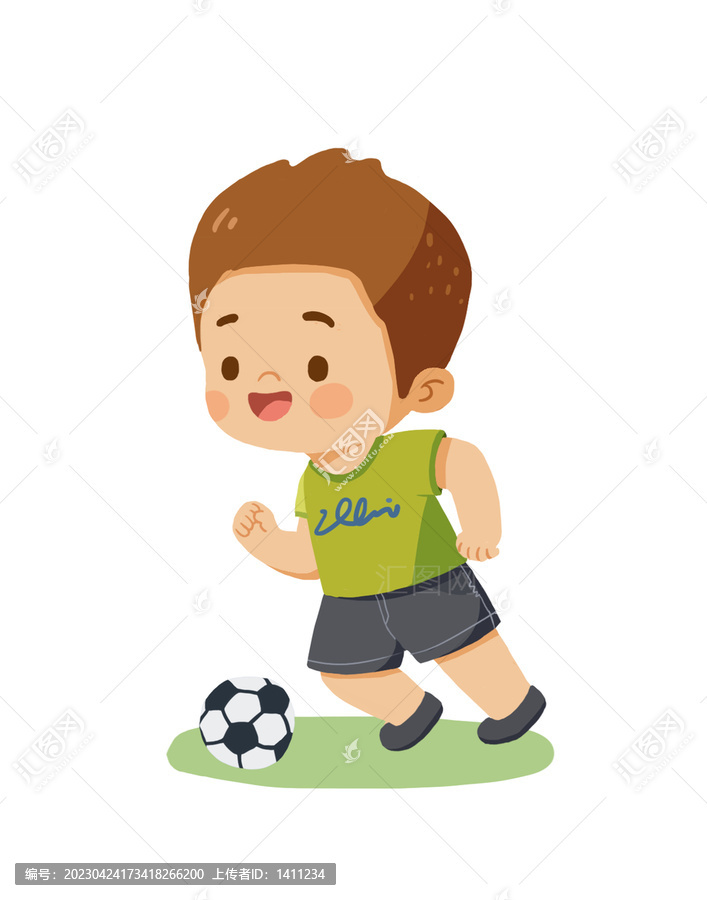 手绘插画踢足球的男孩