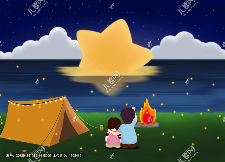 夜空下在海邊露營(yíng)的情侶