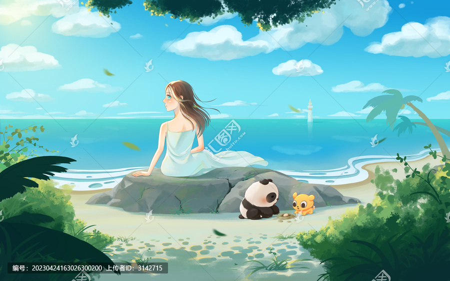 海邊的白裙子少女