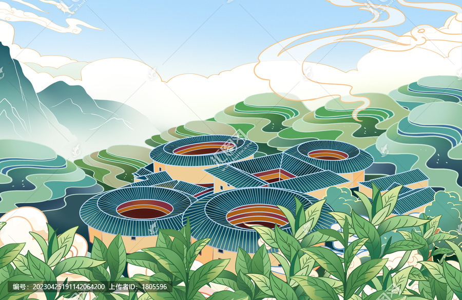 福建土樓建筑茶插畫分層