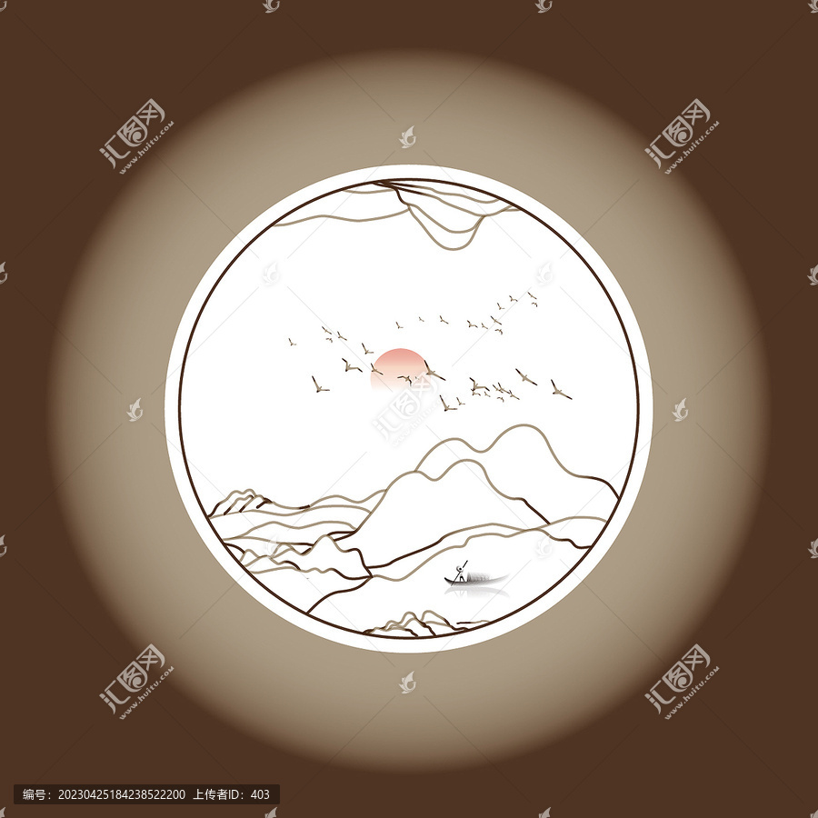 抽像圓形禪意山水線條壁畫裝飾