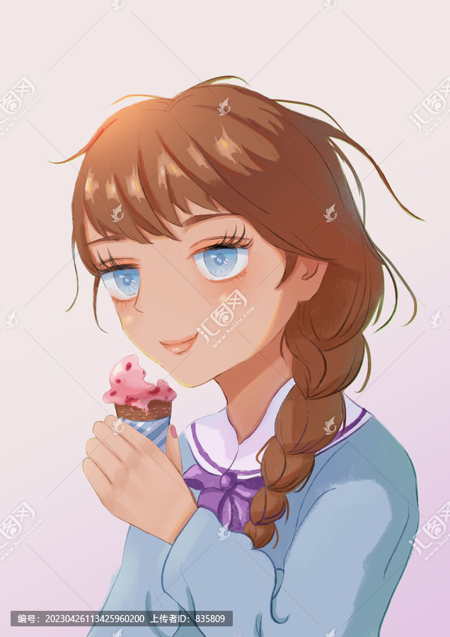 卡通女孩吃冰激凌插畫(huà)